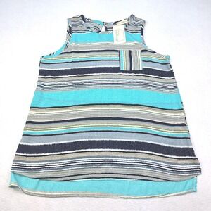 Crescent Tank Top Womens Large Blue Turquoise Gray Striped Sleeveless USA Made